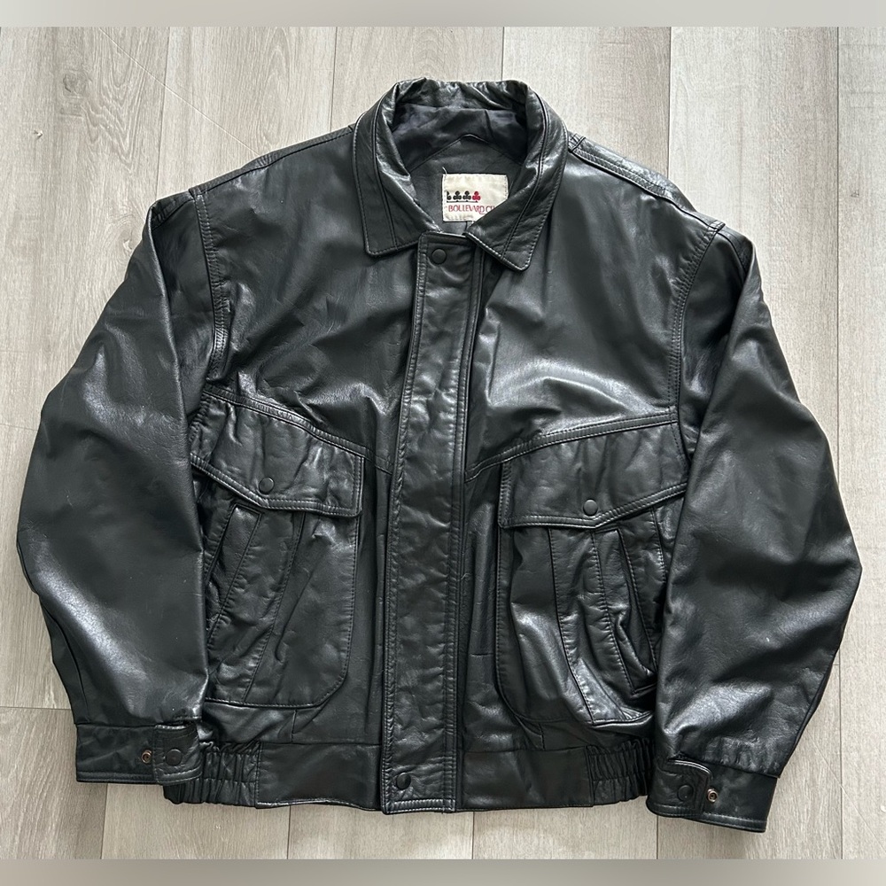 Vintage Black Leather Bomber Jacket Size Large Made In Canada Men's